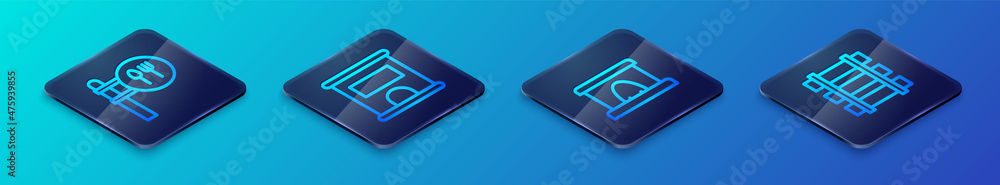 Set Isometric line Railway tunnel, Cafe and restaurant location, Railway, railroad track and Ticket office to buy tickets icon. Vector Set Isometric line Railway tunnel, Cafe and restaurant location, Railway, railroad track and Ticket office to buy tickets icon. Vector