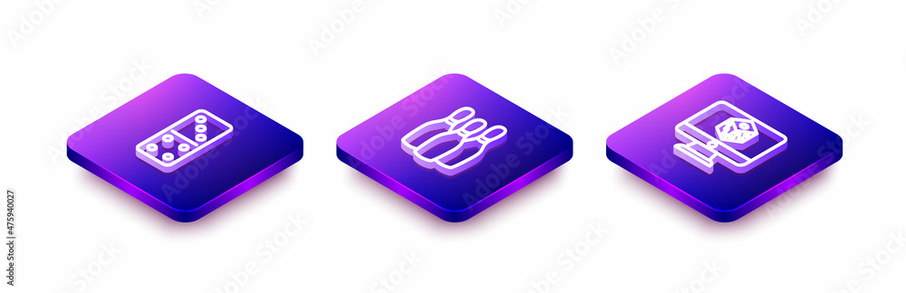 Set Isometric line Domino, Bowling pin and Game dice icon. Vector Set Isometric line Domino, Bowling pin and Game dice icon. Vector