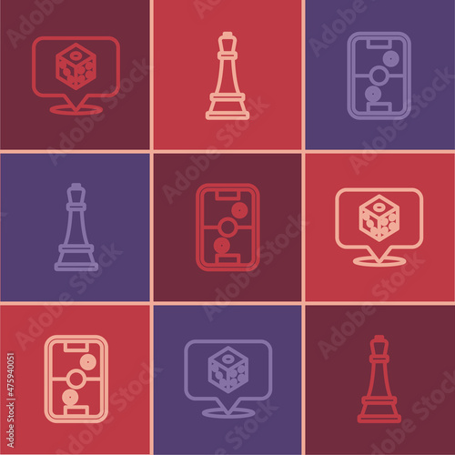 Set line Game dice, Air hockey table and Chess icon. Vector