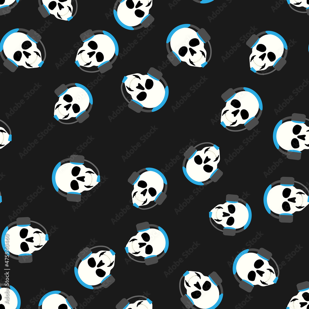 Seamless pattern skulls with headphones on black background Seamless pattern skulls with headphones on black background