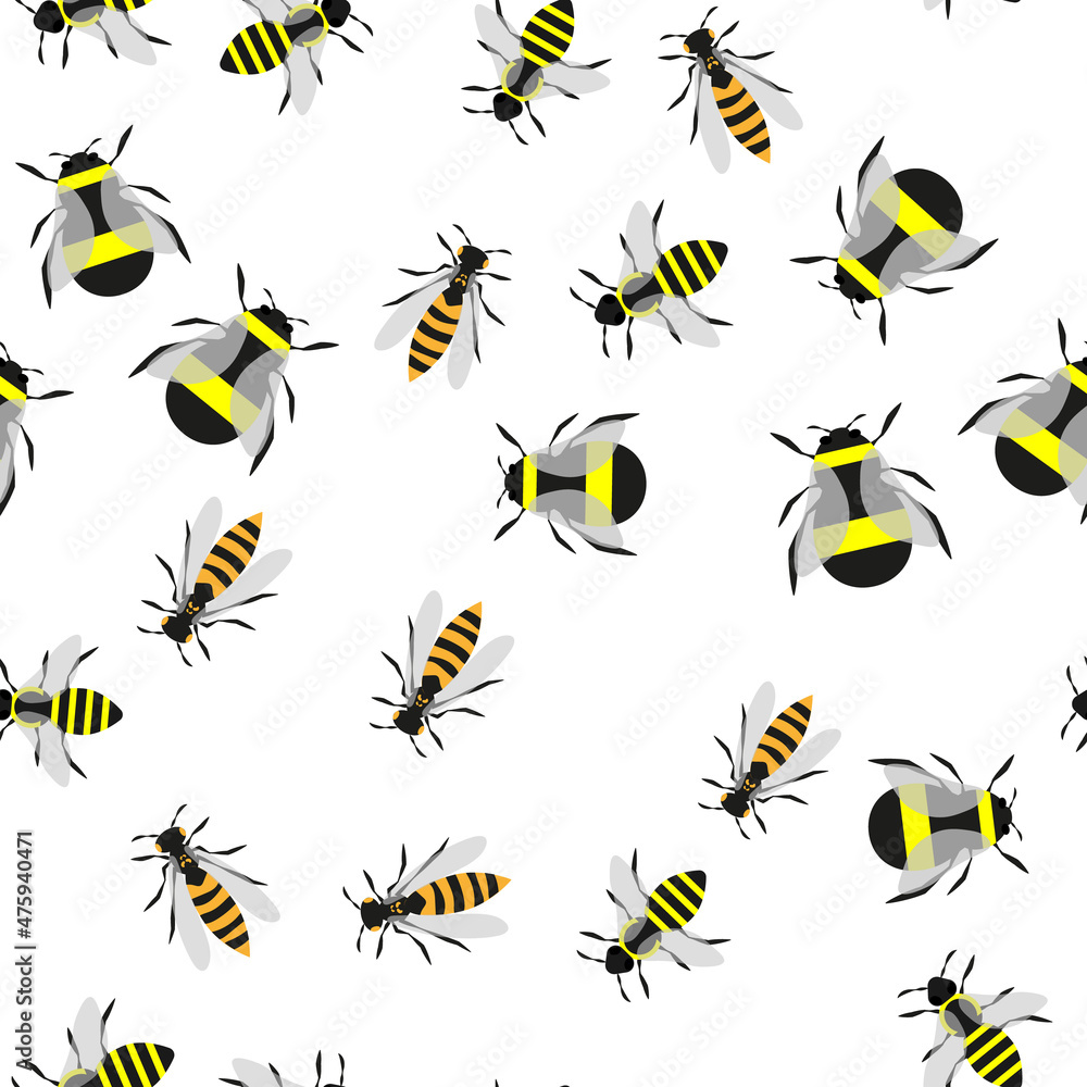 Seamless pattern of bee and wasp on white background