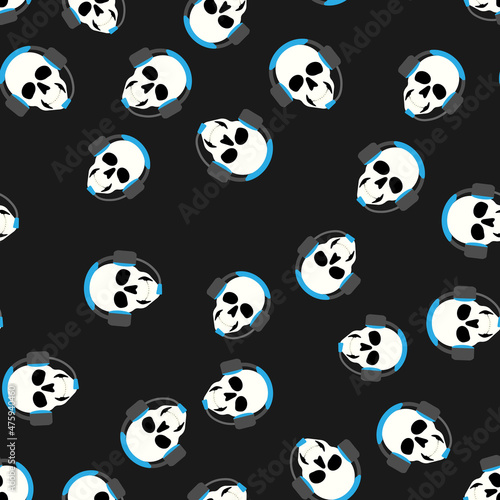 Seamless pattern skulls with headphones on black background