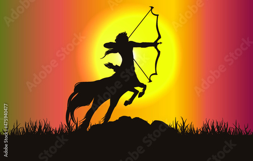 Centaur silhouette. Horoscope symbol on gradient harmony of sunset color background illustration for banner, wallpaper, poster, card layout. Vector graphic eps 10.