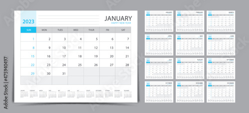 Monthly calendar template for 2023 year. Week Starts on Sunday. Wall calendar 2023 in a minimalist style. Set of 12 months. Desk calendar 2023. Planner. printing template. office organizer. vector