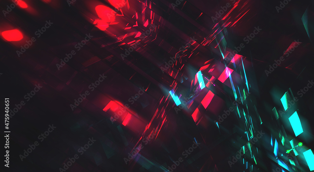 Naklejka premium Abstract neon dark futuristic background. Sci-fi space background. Light movement, light tunnel, multicolor speed, portal, fractal. Symmetrical reflection. 3D illustration. 