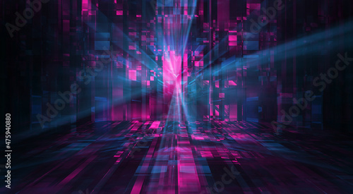 Abstract neon dark futuristic background. Sci-fi space background. Light movement, light tunnel, multicolor speed, portal, fractal. Symmetrical reflection. 3D illustration. 