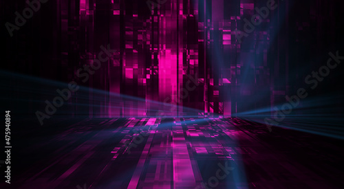 Abstract neon dark futuristic background. Sci-fi space background. Light movement, light tunnel, multicolor speed, portal, fractal. Symmetrical reflection. 3D illustration. 