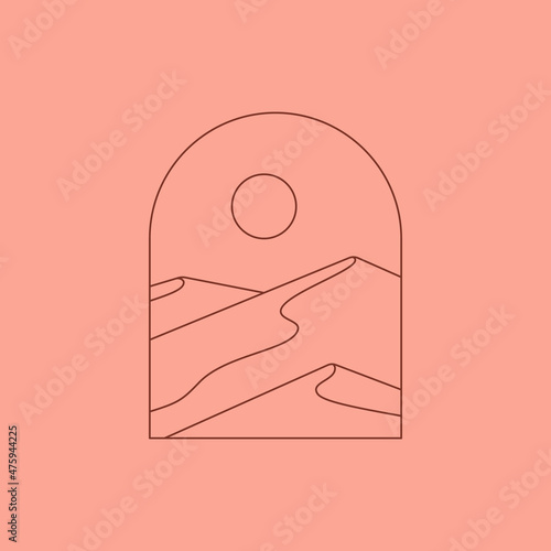 Boho Landscape Logo in Trendy Minimal Liner Style. Vector Bohemian Badge with Mountains and Sun for Branding