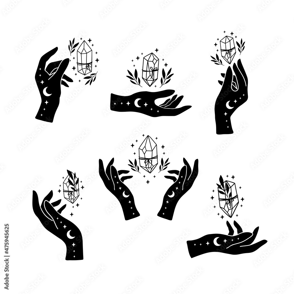 Mystical witchy woman hand with floral crystal, stars. Celestial hands vector iilustration set. Esoteric spiritual symbol. Wicca occult concept for alchemy t shirt print, magic card, boho poster. Mystical witchy woman hand with floral crystal, stars. Celestial hands vector iilustration set. Esoteric spiritual symbol. Wicca occult concept for alchemy t shirt print, magic card, boho poster.