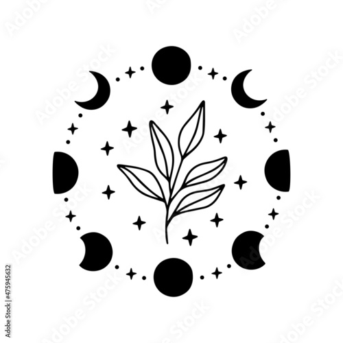 Celestial vector poster. Moon phases with branch illustration. Contemporary art with leaf, stars. Boho hand-drawn decoration. Magical t shirt print, tattoo, card. Astrology symbol.