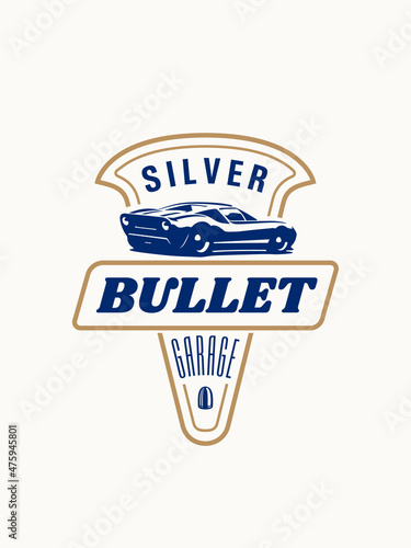 American Muscle logo template. Vintage style vector illustration element for retro design label. Suitable for garage, shops, tires, car wash, car restoration, repair and racing. Silver Bullet Garage