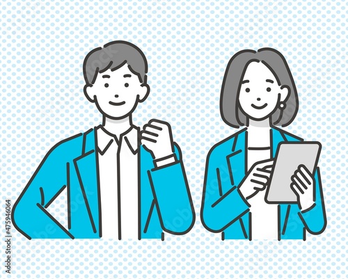 オフィスカジュアルで働く会社員がガッツポーズをとったり、タブレットを操作するベクターイラスト素材／ビジネス／ビジネスパーソン／人々