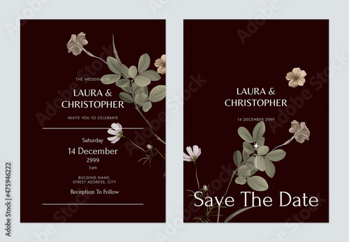 Floral wedding invitation card template design, flowers and lignum vitae leaves on dark grey photo