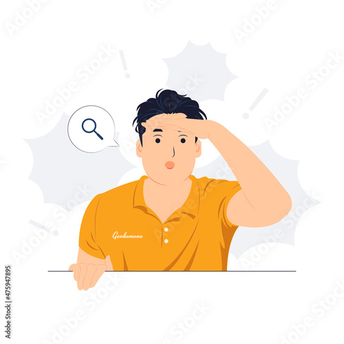 Man searching something, holding palm on forehead and gasping. surprised, curious and amazed staring on distance and seeing far away concept illustration