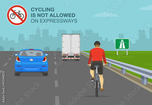 Traffic rules on highway, speedway, motorway. Cyclist ignoring road or traffic rule and riding his bike on expressway. Cycling is not allowed on motorway. Flat vector illustration template.