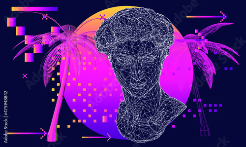 Retrofuturistic style 3D illustration of a low poly bust on dark background. Vaporwave computer art aesthetics.
