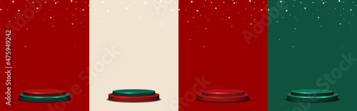 Podium stage vector set. Christmas scene empty studio for product display. Red, Brown, Green background. Vector illustration.