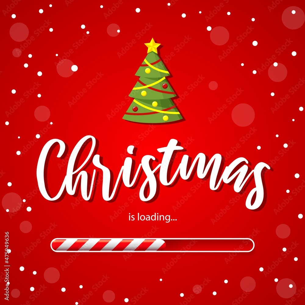 Christmas loading bar or Xmas load red vector background for New Year countdown. Christmas loading bar candy cane with Xmas tree decorations and snowflakes for winter holiday coming