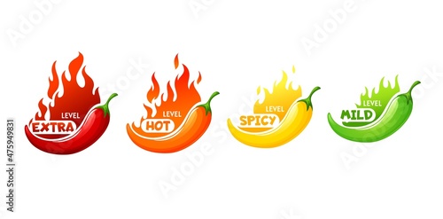 Hot spicy level of chili, cayenne or jalapeno pepper vector icons with fire flames of red, green, orange and yellow colors. Spicy food emblems extra, spicy, hot and mild strength isolated set