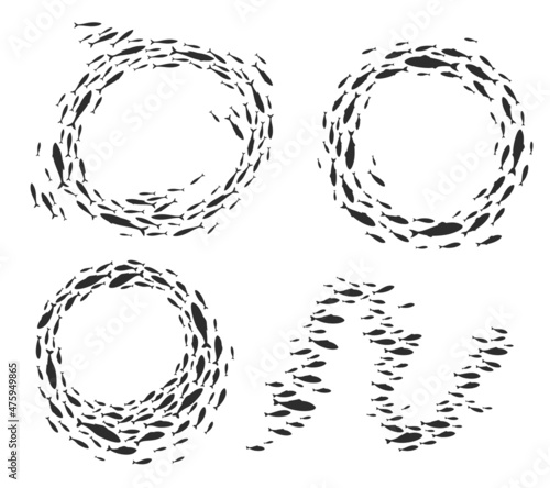 Fish school or shoal, vector silhouette of sea fishes group in ocean or marine water. Fish school of tuna swimming in deep ocean in round or wave, herring or salmon fishes shoal frames