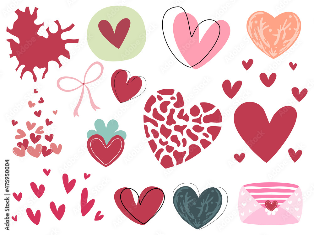Heart-shaped elements in red-pink tones designed in doodle style for decoration, valentine's day, card, cover, mug, sticker, web design, father's day, mother's day, love letter and more.