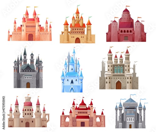 Cartoon medieval castles and fortress of king palace, vector icons. Medieval kingdom castles with fort towers and royal flags, fairy tale cartoon architecture buildings of stronghold citadels