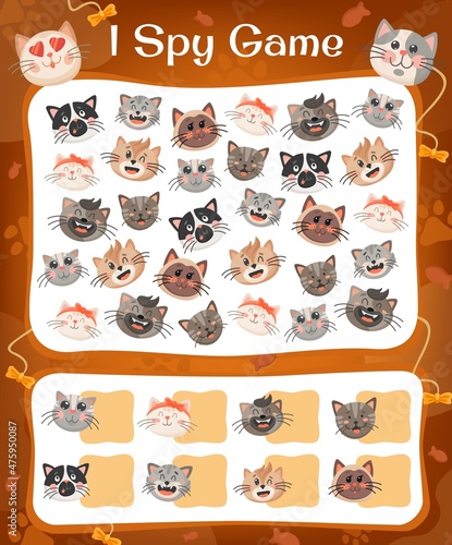 I spy game with cats and kittens. Kids education game how many funny animals on board. Vector educational puzzle with kawaii characters. Numeracy skills and attention development, cartoon riddle page