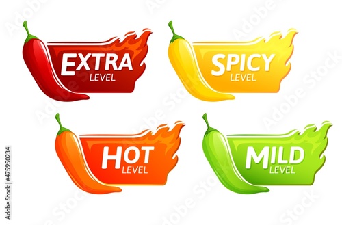 Spicy level hot chili red pepper, cayenne, jalapeno icons with fire flames. Vector spicy food level emblems collection, extra, spicy, hot and mild strength of sauce or snack food isolated set
