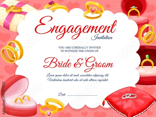 Engagement invitation with golden rings for wedding or marriage, vector background. Engagement invite with bride and groom names template, diamond rings on pink pillows and love hearts
