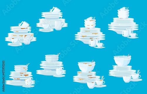 Dirty and clean restaurant dishes and tableware. Cartoon vector stacks of plates after and before washing, piles of cups, mugs, bowls, saucers and spoons with shining surface and stains