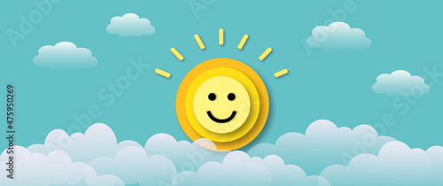 Happy face of sun with cloud on blue sky background. Concept for positive thinking, mental health assessment, world mental health day. space for the text. paper art design style.
