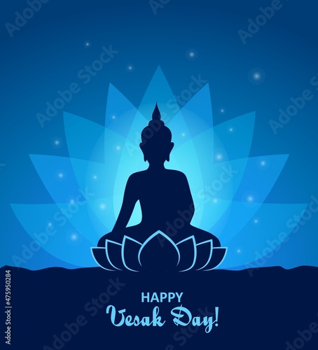 Vesak day and Buddha in lotus silhouette, Happy Wesak Buddhism holiday, vector greeting card. Buddhist monk in lotus posture in meditation under stars of sky, Hindu festival celebration background
