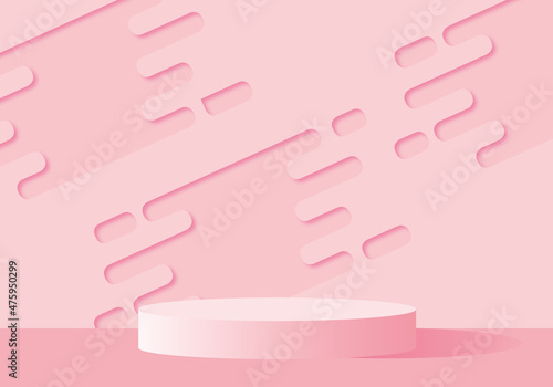 Pink product background stand or podium pedestal with light and shadow on empty display with abstract pastel pink backdrop. space for the text. illustration of 3d paper cut design style.
