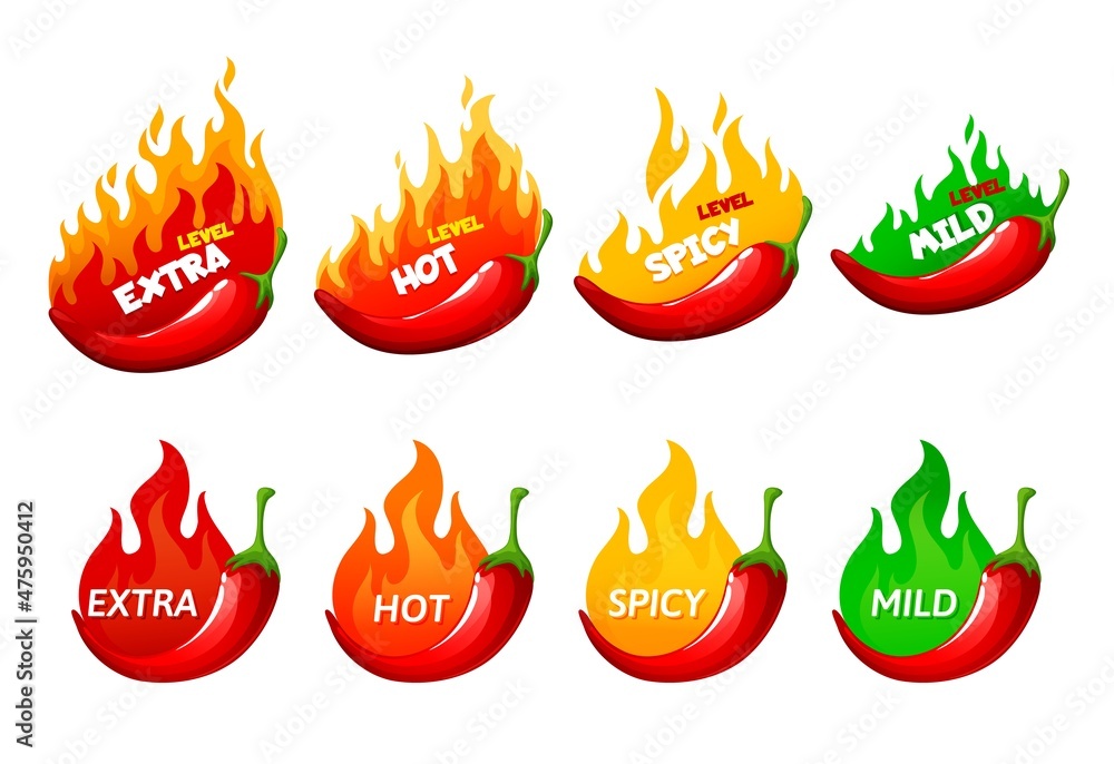 Hot spicy level labels, vector icons chili pepper, cayenne or jalapeno with red, yellow, orange and green fire flames. Extra, spicy, hot and mild strength of sauce or snack, savory food scale emblems Hot spicy level labels, vector icons chili pepper, cayenne or jalapeno with red, yellow, orange and green fire flames. Extra, spicy, hot and mild strength of sauce or snack, savory food scale emblems