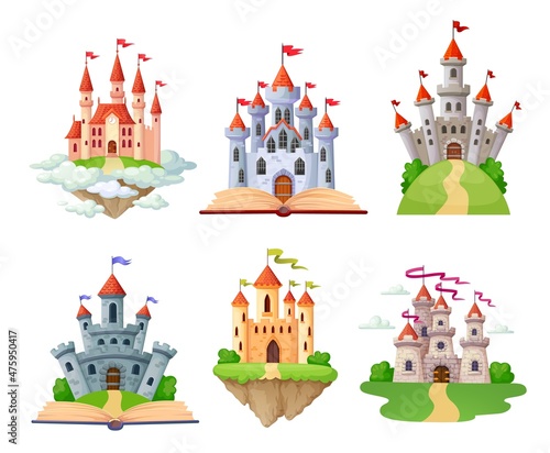 Cartoon fantasy castles set, fairytale isolated castle or palace with towers, vector medieval fort or fortress. Fairy tale kingdom house building, castles with flags on books or sky clouds