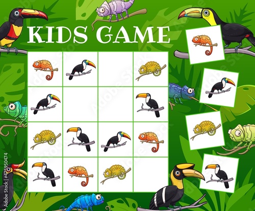 Kids sudoku riddle game toucans and chameleons in tropical jungles. Vector test with cartoon lizards and tropical birds characters on chequered board. Educational children crossword teaser, boardgame
