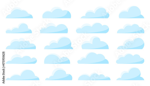 Cloud blue flat set. Cartoon clear weather symbol for game app widget website interface. Meteorology wallpaper splash element cloudless sky 2D. Free nodding shape postcard book advertising isolated