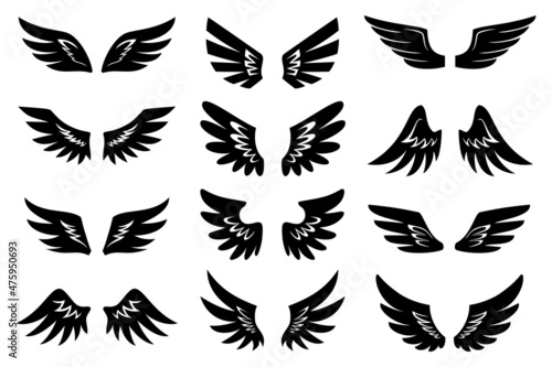 Angel wing stamp print tattoo shape black icon set. Template for filling simple winged label shape. Flight symbol vintage sign freedom. Tribal heraldic outline sign demon decoration isolated on white
