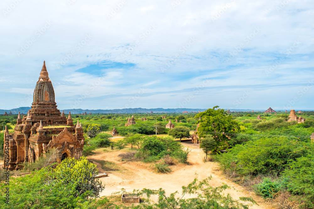Bagan, Myanmar - view of Mee Nyein Gone Phaya. a complex of buddhist temple, and of other small temples in the distance