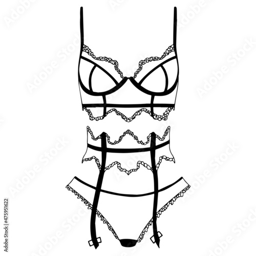 Lace women's underwear, boudoir style, corset, bodysuit, bra vector illustration