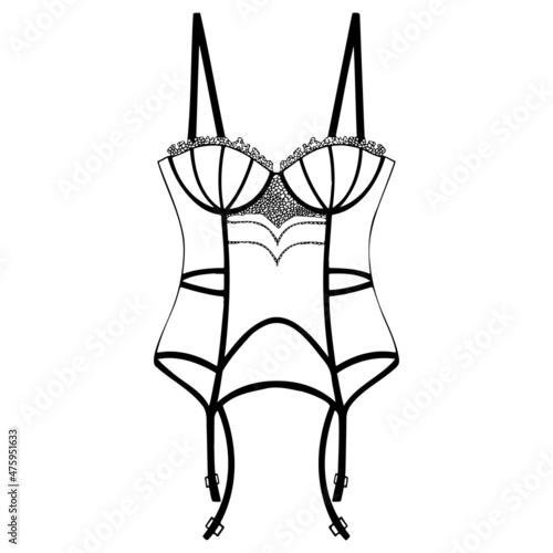 Lace women's underwear, boudoir style, corset, bodysuit, bra vector illustration