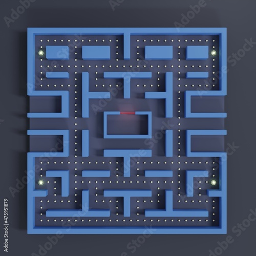 Maze or labyrinth screenshot scene of old arcade video game yellow dot eater 3D rendering illustration photo