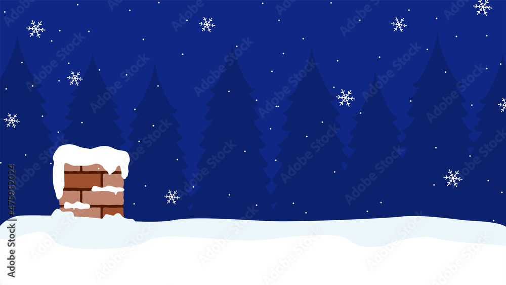 Fototapeta premium Outdoor fir forest snow scene at night in winter. Roof and chimney covered with snow on the blue blackground with snow and fir. Christmas vector illustration. 