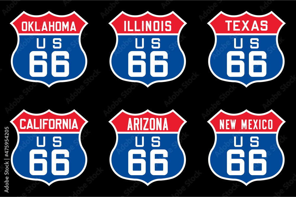 set of route us 66 american highway sign color
