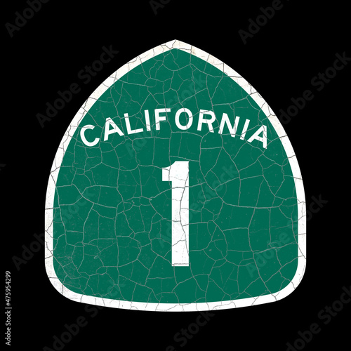 California State US Highway Route 1 Road Sign, retro style, old cracked paint sign