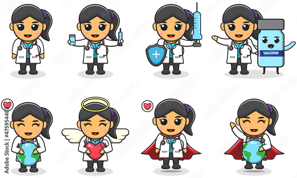 Vector illustrations of Cute Girl doctor. Adorable kids doctor set. Smiling little Girl dressed as doctors. Vector illustrations of Cute Girl doctor. Adorable kids doctor set. Smiling little Girl dressed as doctors.