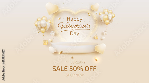 Valentine day scene with podium for product display, Heart shape elements, glitter light effects.