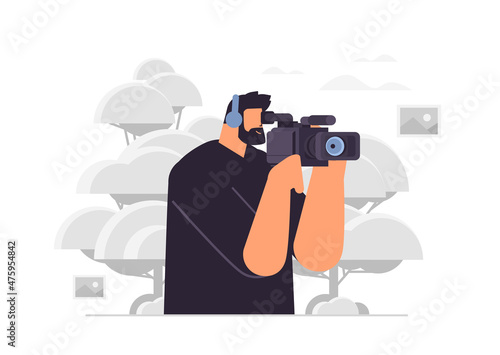 television operator using video camera cameraman looking through camcorder movie making concept