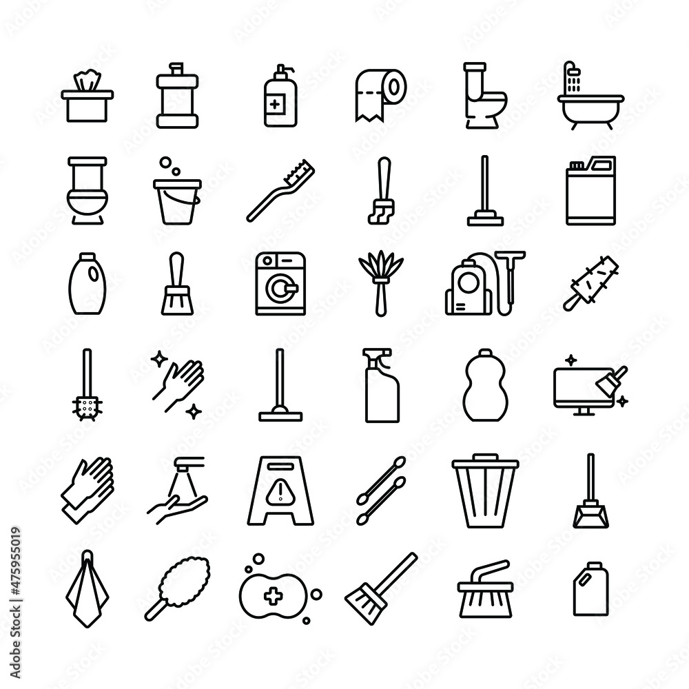 a collection set of icons related to cleaning stuff. the editable stroke line icon in minimal outline for web application interface and any simple design decoration. a collection set of icons related to cleaning stuff. the editable stroke line icon in minimal outline for web application interface and any simple design decoration.