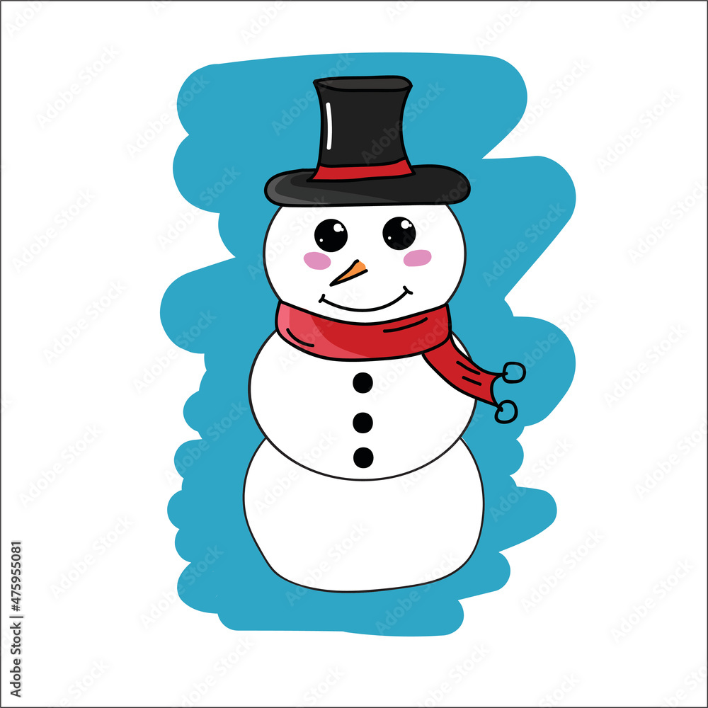 Super cute snowman on christmas day with red scarf and black hat on white and blue background